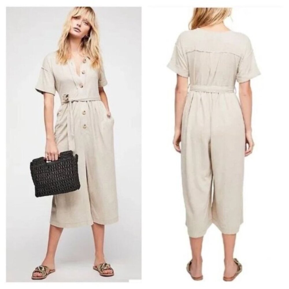 Free People FP Beach Neutral Lighthouse Crop Jumpsuit, Medium